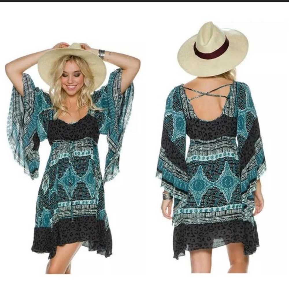 Free People People Heart of Gold Boho Mini Dress Drawstring Waist Size Small